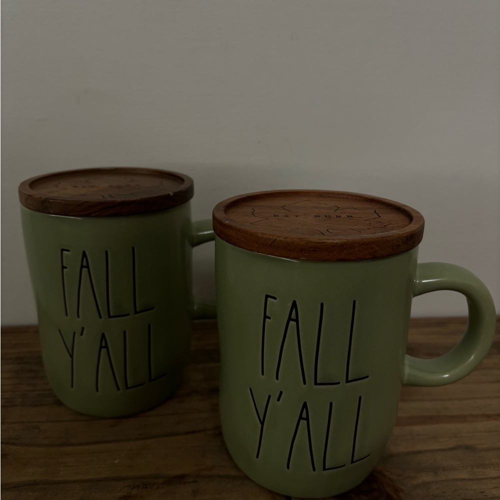 Rae Dunn Green Ceramic Mugs with Wooden Lids